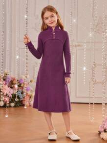 SHEIN Tween Girl 1pc Button Front Sweater Dress - Purple - View 5