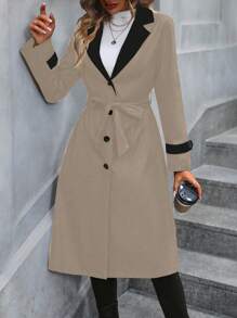 EMERY ROSE Contrast Panel Lapel Collar Belted Trench Coat - Khaki - View 3