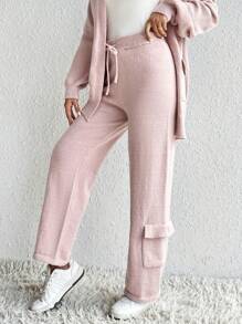 SHEIN LUNE Cárdigan de hombros caídos & Pantalones con cordón delantero tejido - Rosa - Ver 5