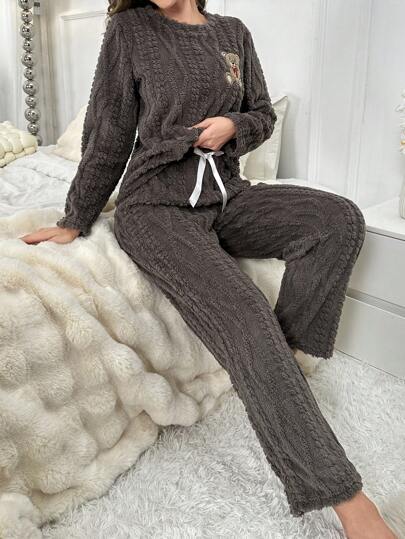 Bear Patched Flannel PJ Set Fluffy Pajama Cozy Elegante s, Fall Clothes view 5