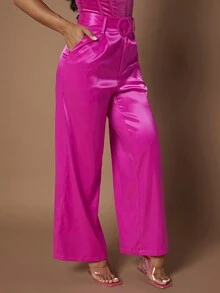 SHEIN SXY 高腰腰帶闊腿褲 - 玫紅色 - 查看 4