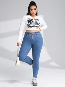 SHEIN EZwear Cộng với quần jean skinny có khóa kéo - Rửa trung bình - Xem 5