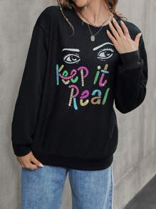 SHEIN Unity Slogan Graphic Rhinestone Detail Drop Shoulder Sweatshirt Pullover Fall Sweatshirt - Black - View 4