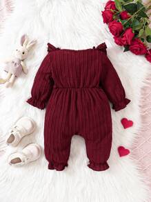 女嬰荷葉邊喇叭袖前蝴蝶結連身褲 - 酒紅色 - 查看 2