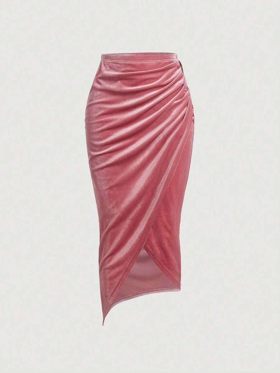 SHEIN MOD 素色圍裹下擺絲絨半身裙 - 粉色 - 查看 1