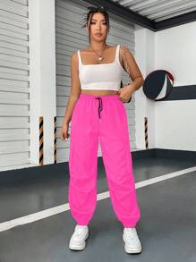 Flirla Plus Flap Pocket Side Drawstring Waist Cargo Pants Fall Cloth For Women - Hot Pink - View 5