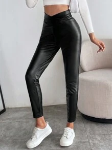 SHEIN Essnce Ruched Side PU Leather Leggings