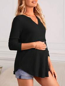 SHEIN 孕婦華夫格針織缺口領口弧形下擺T恤 - 黑色 - 查看 5