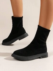 Women's Solid Color Flat Lightweight Fashionable Boots, Easy Slip-on Knit Comfortable Ankle Booties - Black - View 3