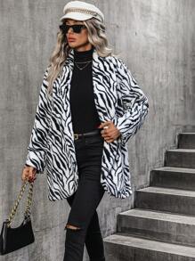 SHEIN Clasi Abrigo de rayas de cebra con parte delantera abierta de franela - Blanco - Ver 5