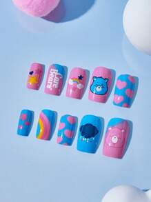 SHEIN X Care Bears Pink & Blue Lovely Bear Design False Nail Tips - Multicolor - View 2