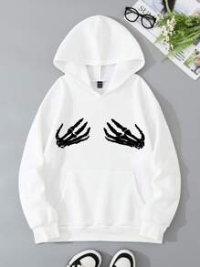 Men Skeleton Hand Print Kangaroo Pocket Hoodie - White - View 1