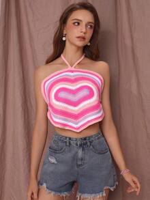 愛心圖案後背繫帶繞頸短款罩衫上衣 - 粉色 - 查看 3