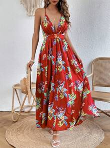 SHEIN VCAY Floral Print Criss Cross Backless Slip Dress - Burgundy - View 1