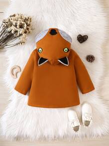 Baby Boy Cartoon Embroidery 3D Ear Design Hooded Duffle Overcoat - Brown - View 2