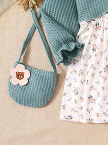 SHEIN 女嬰碎花荷葉邊喇叭袖假兩件洋裝附包 - 彩色 - 查看 5