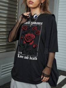 ROMWE Goth 情人节哥特式超大 T 恤，印有大玫瑰图案，黑暗浪漫第十七章爱与死亡，校园，男女通用 - 黑色 - 查看 4