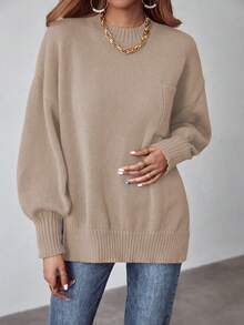 SHEIN LUNE 素色落肩袖口袋貼布套頭毛衣 - 卡其色 - 查看 5