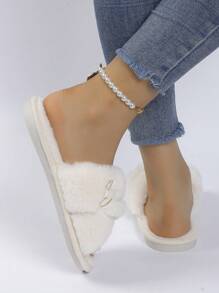 Women's Cozy Plush Slippers With Elegant Embroidered Cocoa Pink Criss-Cross And Gold Letter Elements, Soft And Comfortable, Suitable For Autumn/Winter Home Wear,Furry Shoes,Fluffy Slippers - White - View 6