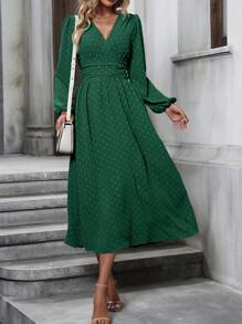 SHEIN Clasi 瑞士圓點折肩領燈籠袖洋裝 - 墨綠色 - 查看 3