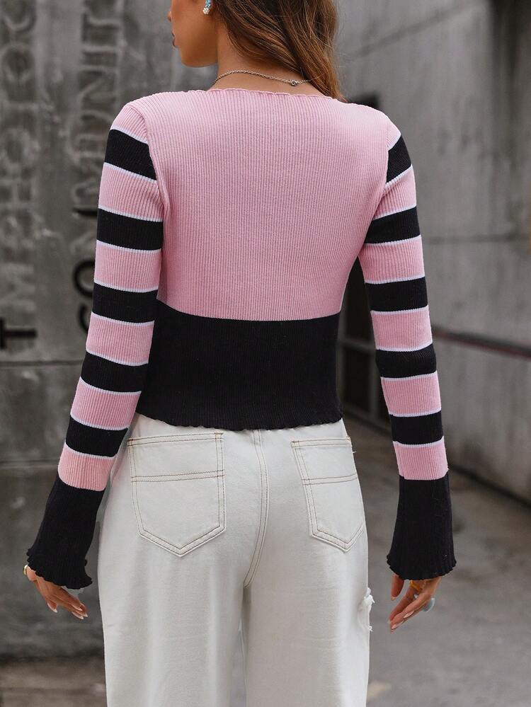 Striped Pattern Notched Neckline Split Hem Knit Pullover Fall Winter Sweater