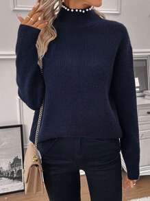 SHEIN Clasi Pearls Beaded Mock Neck Drop Shoulder Sweater - Navy Blue - View 5