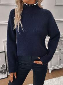 SHEIN Clasi Pearls Beaded Mock Neck Drop Shoulder Sweater - Navy Blue - View 6