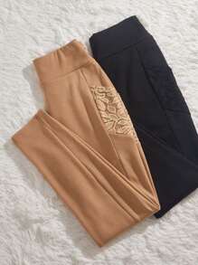 Chiquease 2pcs Contrast Lace Wideband Waist Leggings - Multicolor - View 7