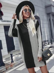 SHEIN Clasi Two Tone Turtleneck Drop Shoulder Sweater Dress - Grey - View 6
