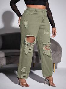 SHEIN Jeans rectos de talle alto y rotos para tallas grandes - Verde militar - Ver 4