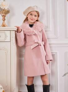 SHEIN 女大童1入組羊絨領口腰帶花呢外套 - 藕粉色 - 查看 1