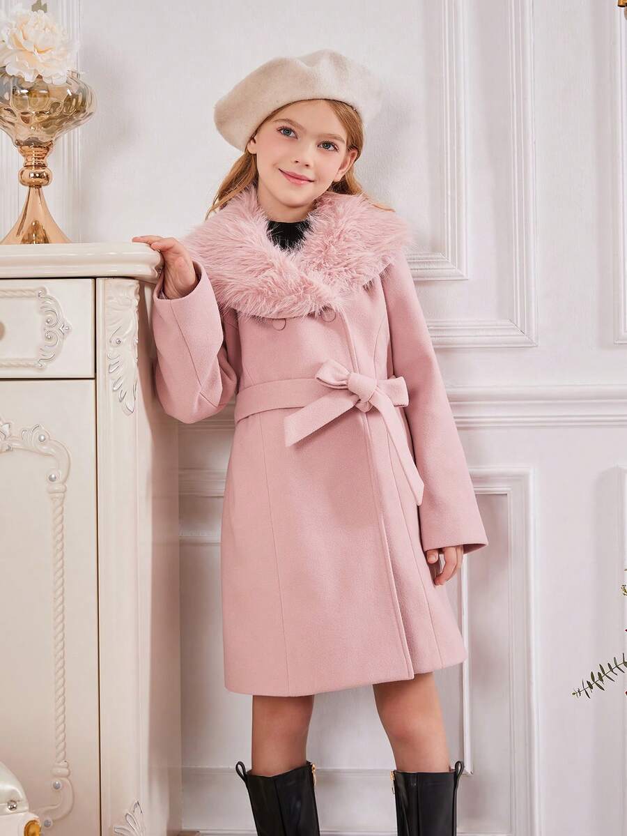 SHEIN 女大童1入組羊絨領口腰帶花呢外套 - 藕粉色 - 查看 1