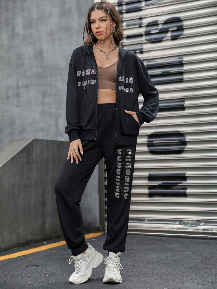 Rhinestone Letter Pattern Drop Shoulder Zipper Fly Drawstring Hoodie & Sweatpants