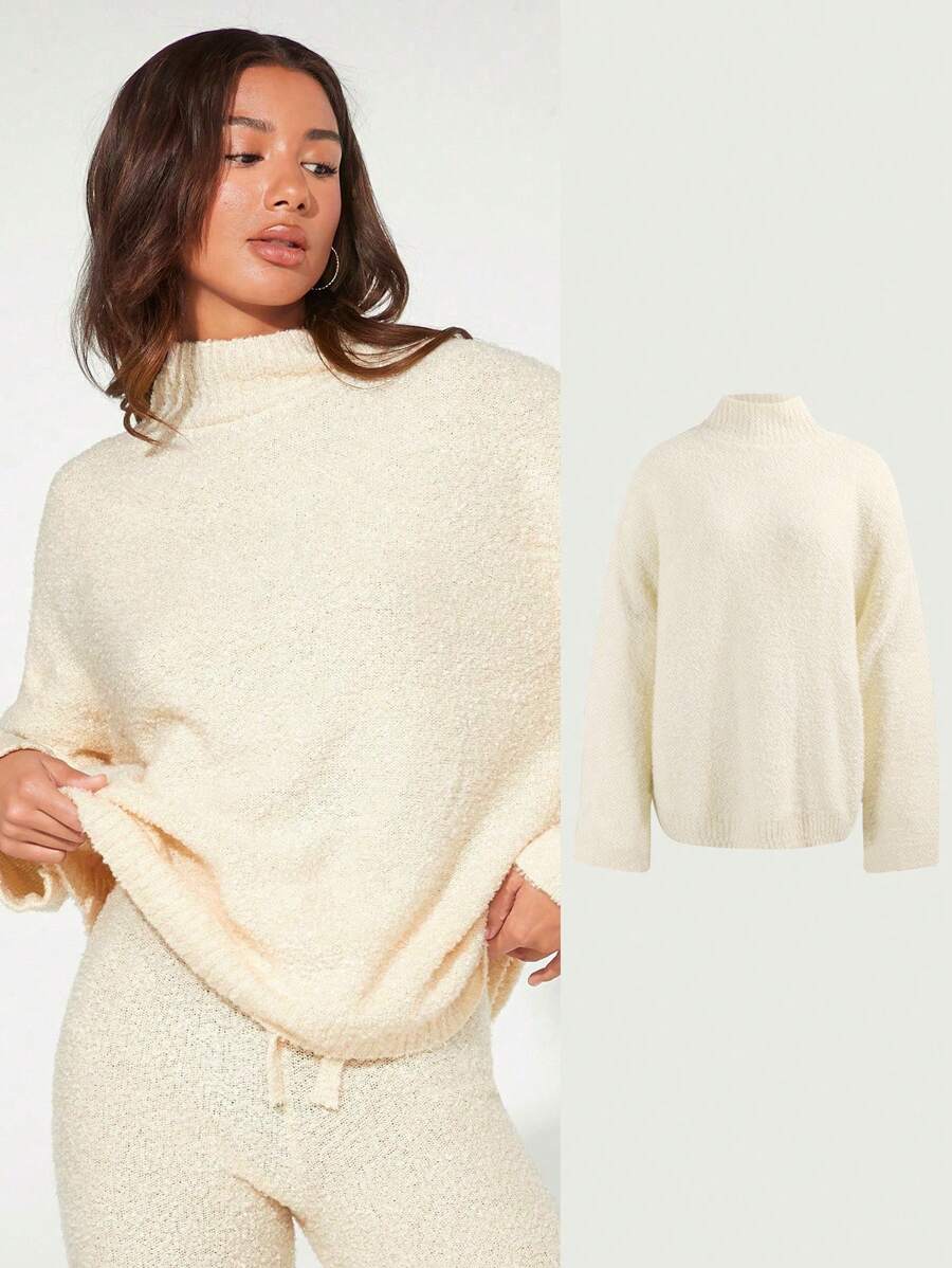 SHEIN BASICS Mock Neck Drop Shoulder Sweater - Apricot - View 1