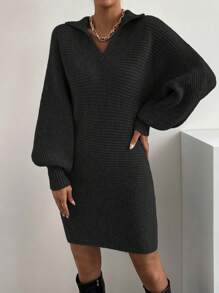 SHEIN Essnce Solid Batwing Sleeve Sweater Dress Without Belt - Black - View 1