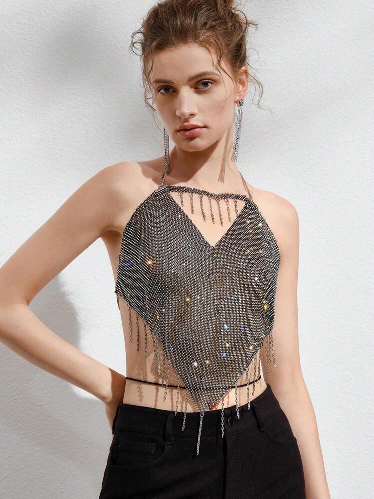 Rhinestone Fringe Hem Backless Halter Top