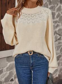 SHEIN LUNE Pointelle Knit Raglan Sleeve Sweater - Beige - View 6