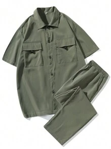 Manfinity Hypemode Oversized Men's Flap Pocket Shirt & Drawstring Waist Pants (Without Tee) - Army Green - View 3
