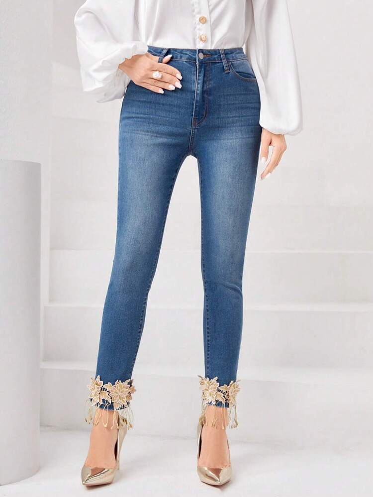 Floral Embroidery Appliques Skinny Jeans