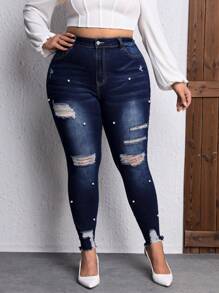 SHEIN Privé 大碼珍珠串珠破洞毛邊緊身牛仔褲 - 深色水洗藍 - 查看 6