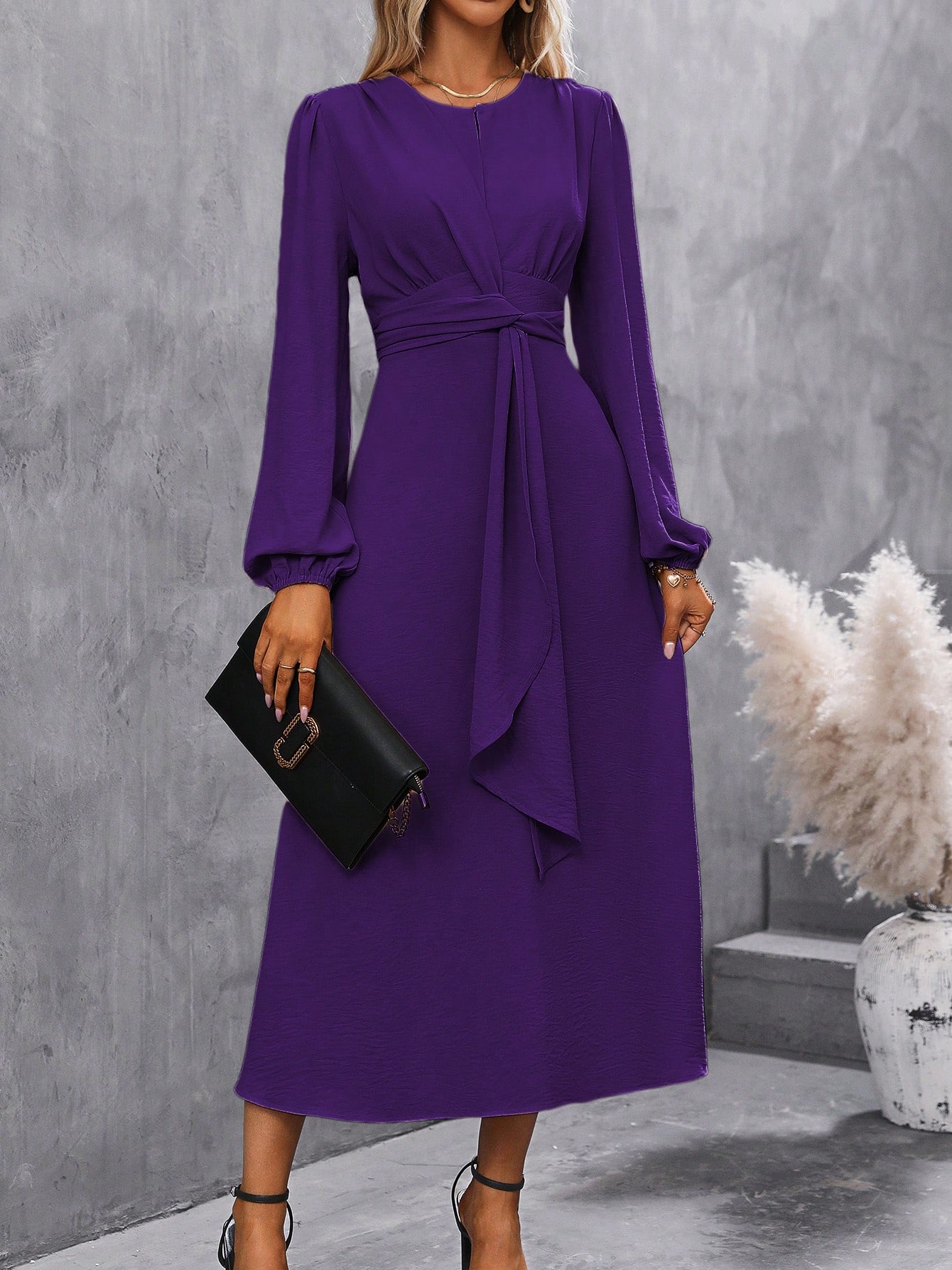 SHEIN Clasi Solid Lantern Sleeve Knot Front Dress Dress For Churches