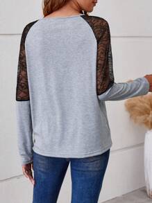 SHEIN LUNE Contrast Lace Raglan Sleeve Tee Fall Cloth For Women - Grey - View 2