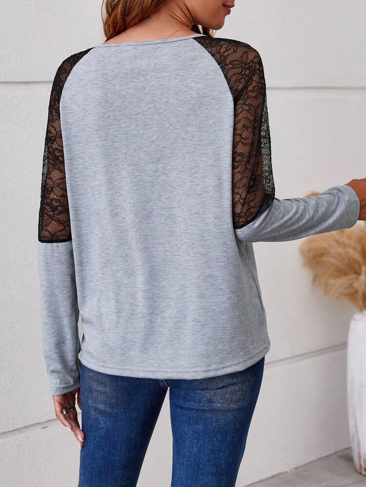 Contrast Lace Raglan Sleeve Tee Fall Cloth For Women