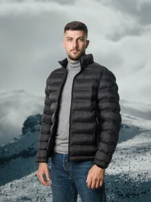 男士拉链连帽夹棉大衣 - 黑色 - 查看 5