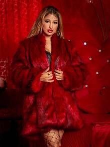 SHEIN SXY Open Front Fuzzy Coat - Burgundy - View 5
