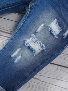 Baby Boy Elastic Waist Ripped Roll Hem Jeans - Medium Wash - View 4