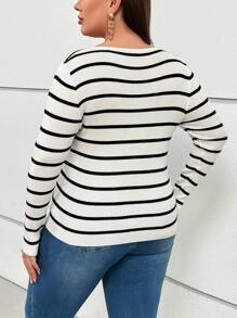 SHEIN Essnce Plus Striped Pattern Sweater - Black and White - View 2