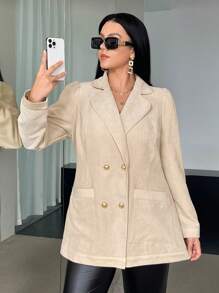 SHEIN Privé Plus Double Breasted Pocket Patched Blazer - Apricot - View 5