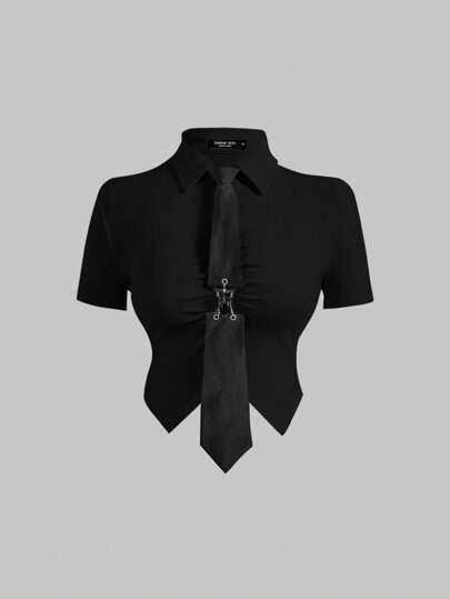 SHEIN MOD Solid Ruched Bust Asymmetrical Hem Crop Tee With Tie