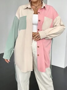 SHEIN EZwear 大碼撞色落肩袖腰帶襯衫 - 彩色 - 查看 1